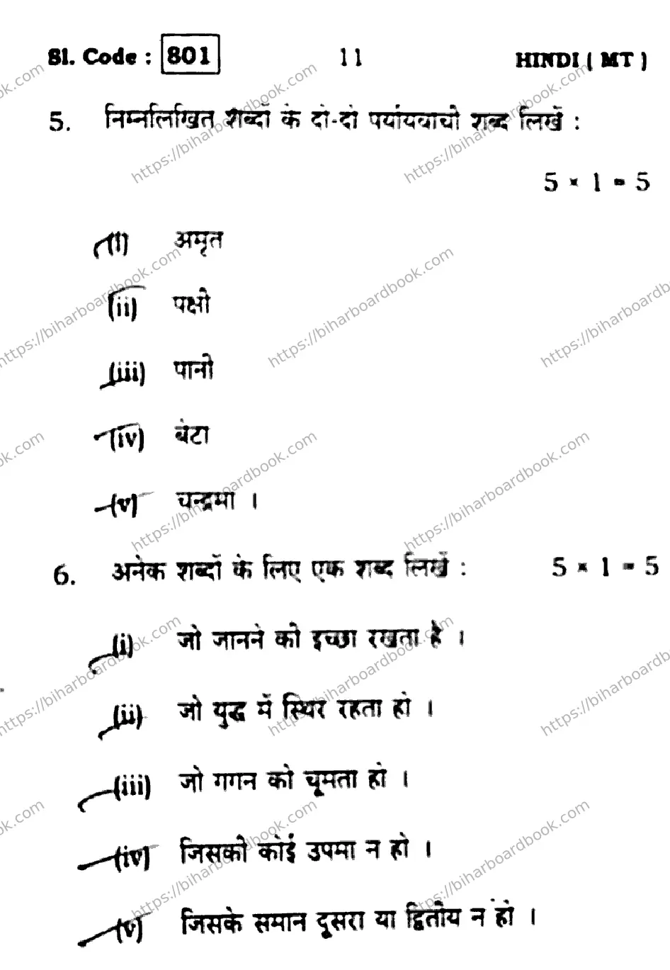Bihar Board Class 10th 2016 Hindi  801  2016 Previous Year Paper 11