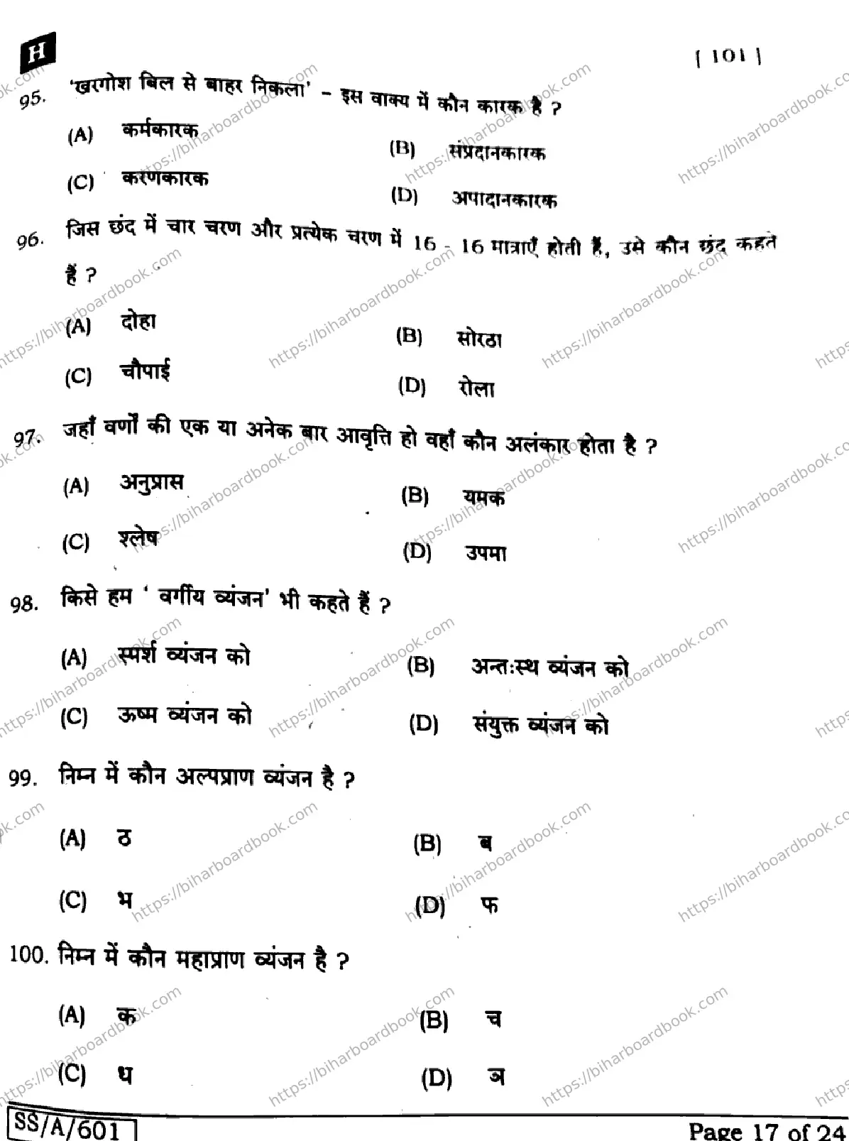 Bihar Board Class 10th 2025 Hindi (MT)  101  SetH  2025 Previous Year Paper 17