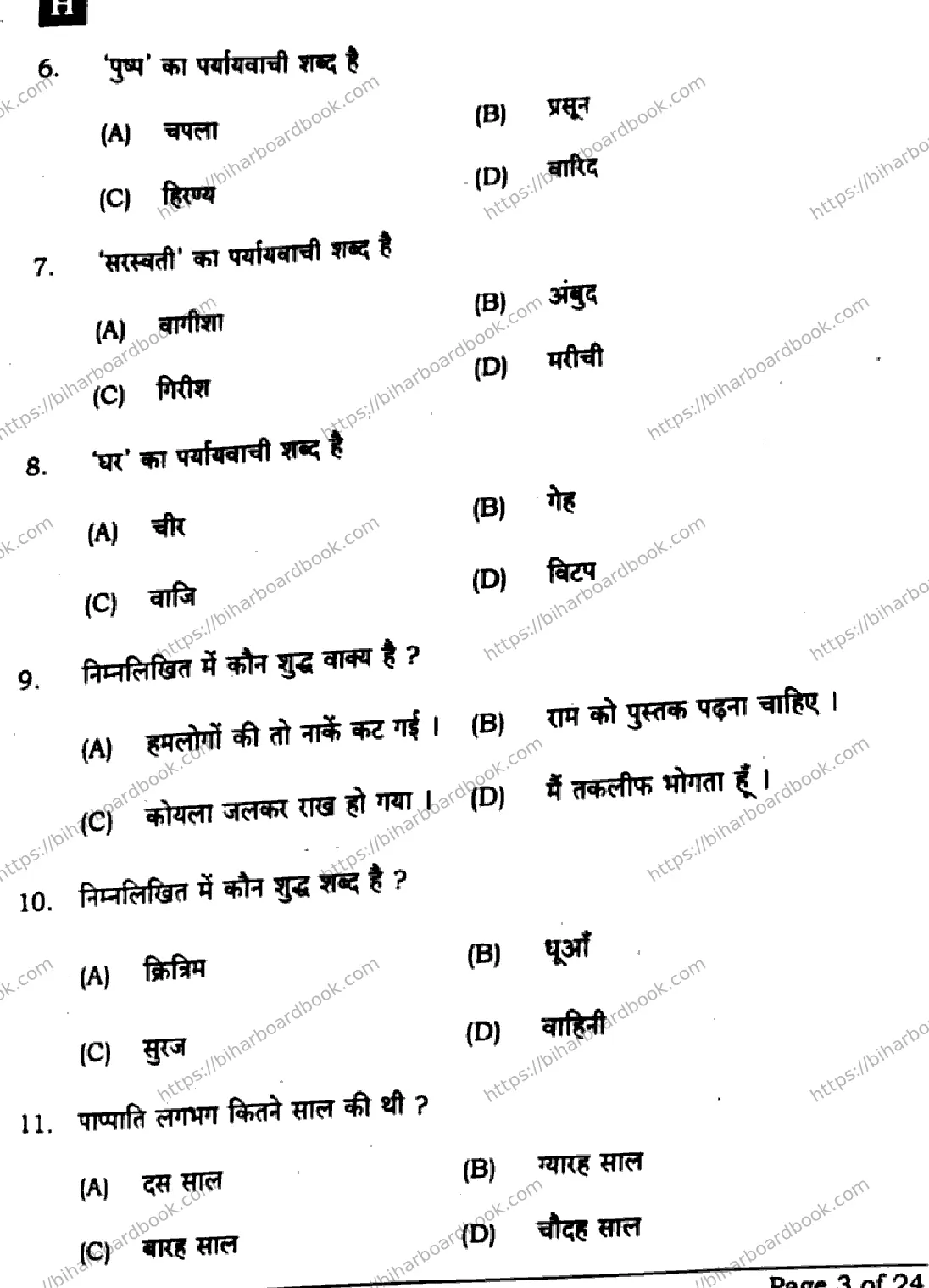 Bihar Board Class 10th 2025 Hindi (MT)  101  SetH  2025 Previous Year Paper 3