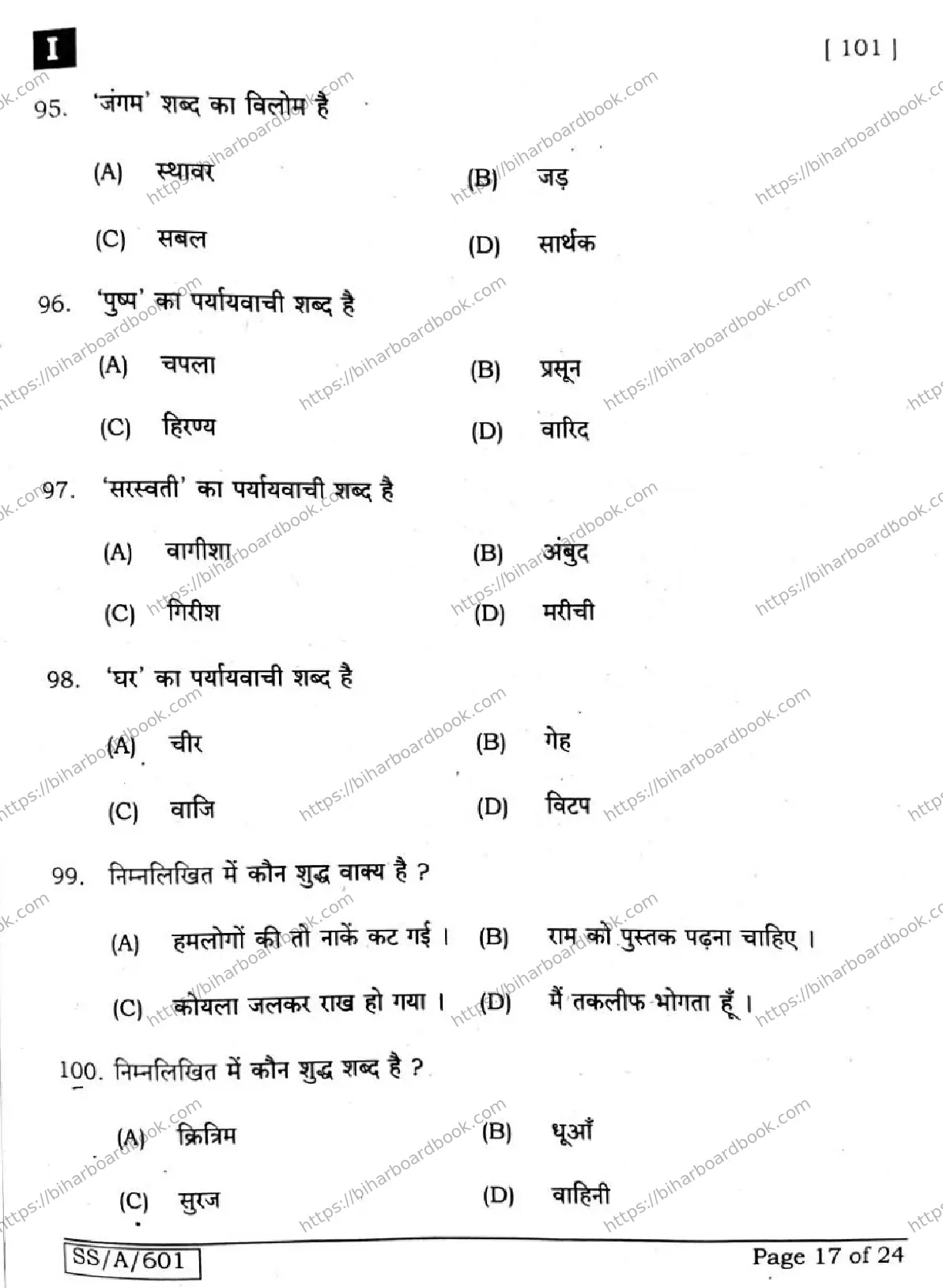 Bihar Board Class 10th 2025 Hindi (MT)  101  SetI  2025 Previous Year Paper 17