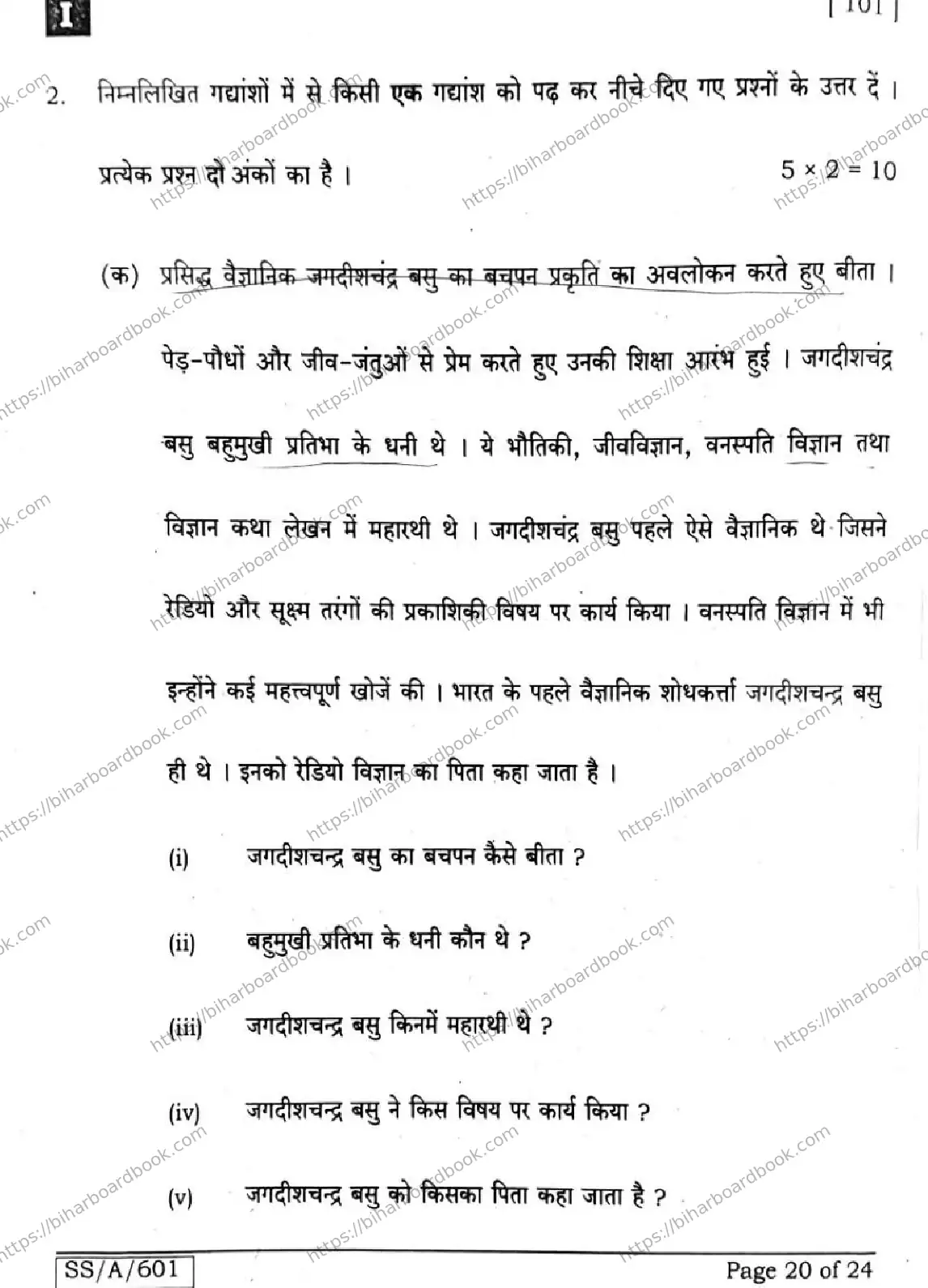 Bihar Board Class 10th 2025 Hindi (MT)  101  SetI  2025 Previous Year Paper 20