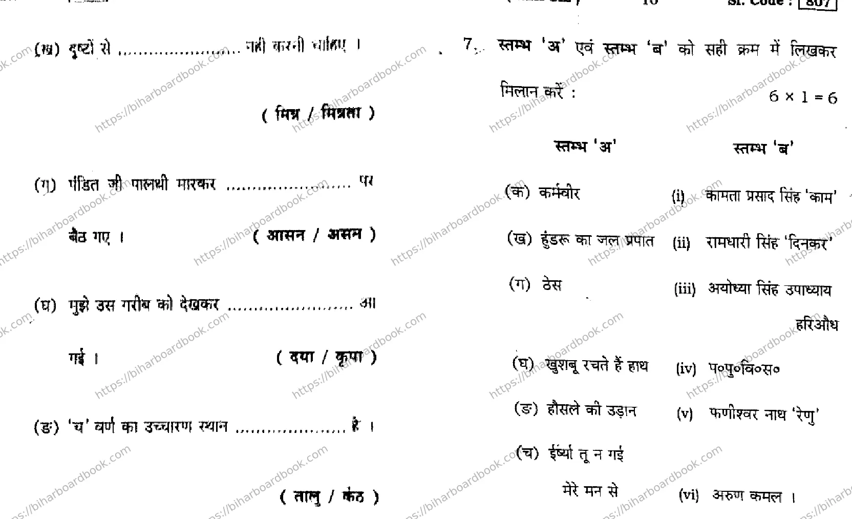 Bihar Board Class 10th 2016 Hindi (NLHSIL)  807  2016 Previous Year Paper 5