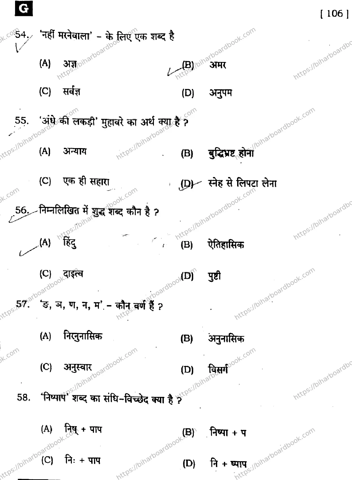 Bihar Board Class 10th 2025 Hindi (SIL) (NLH)  106  SetG  2025 Previous Year Paper 13