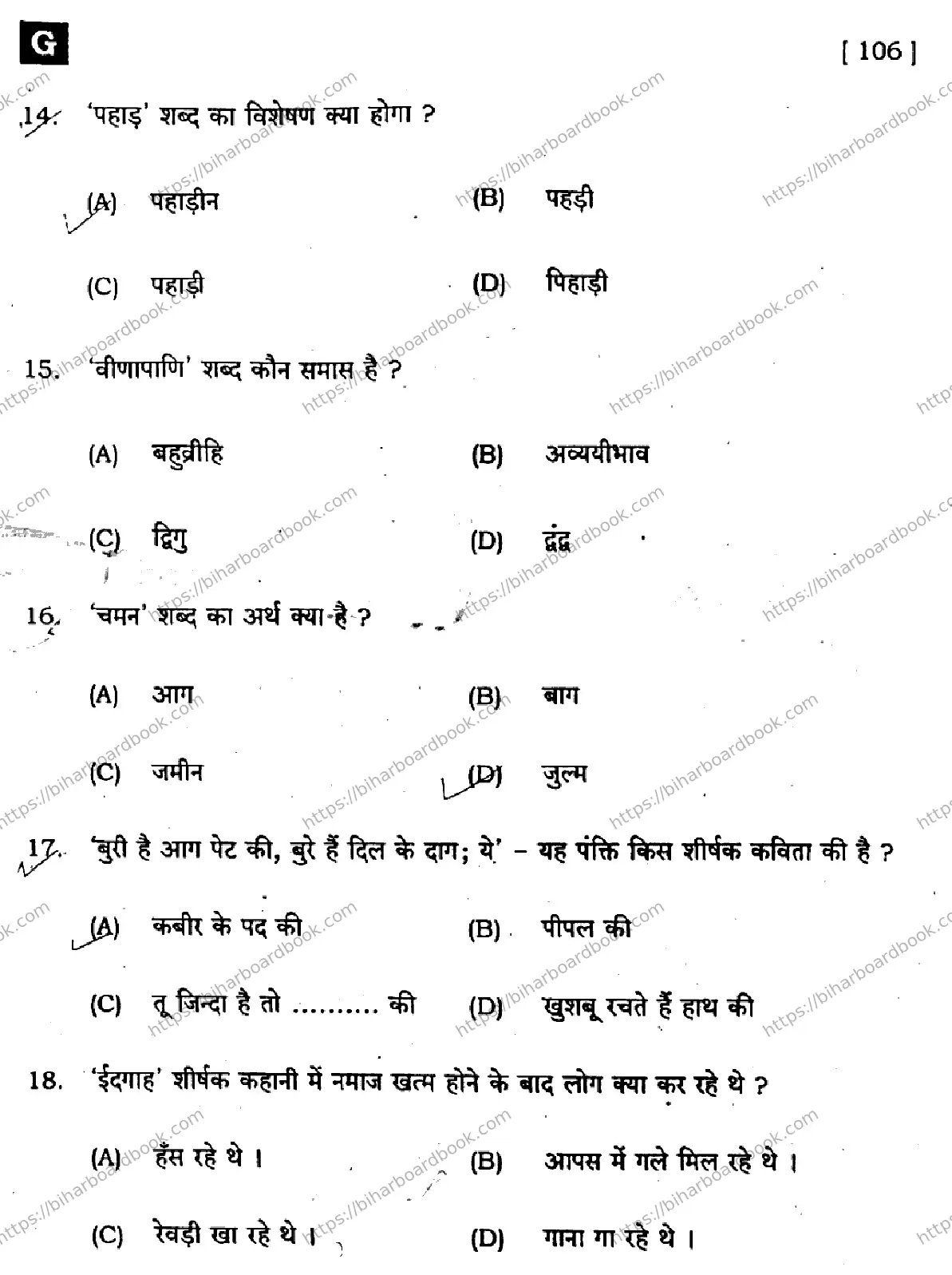 Bihar Board Class 10th 2025 Hindi (SIL) (NLH)  106  SetG  2025 Previous Year Paper 5