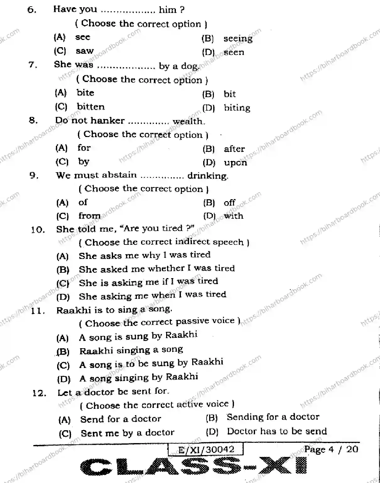 Bihar Board Class 11th 2026 ENGLISH-105-124-205-223-305-330 Previous Year Paper 4