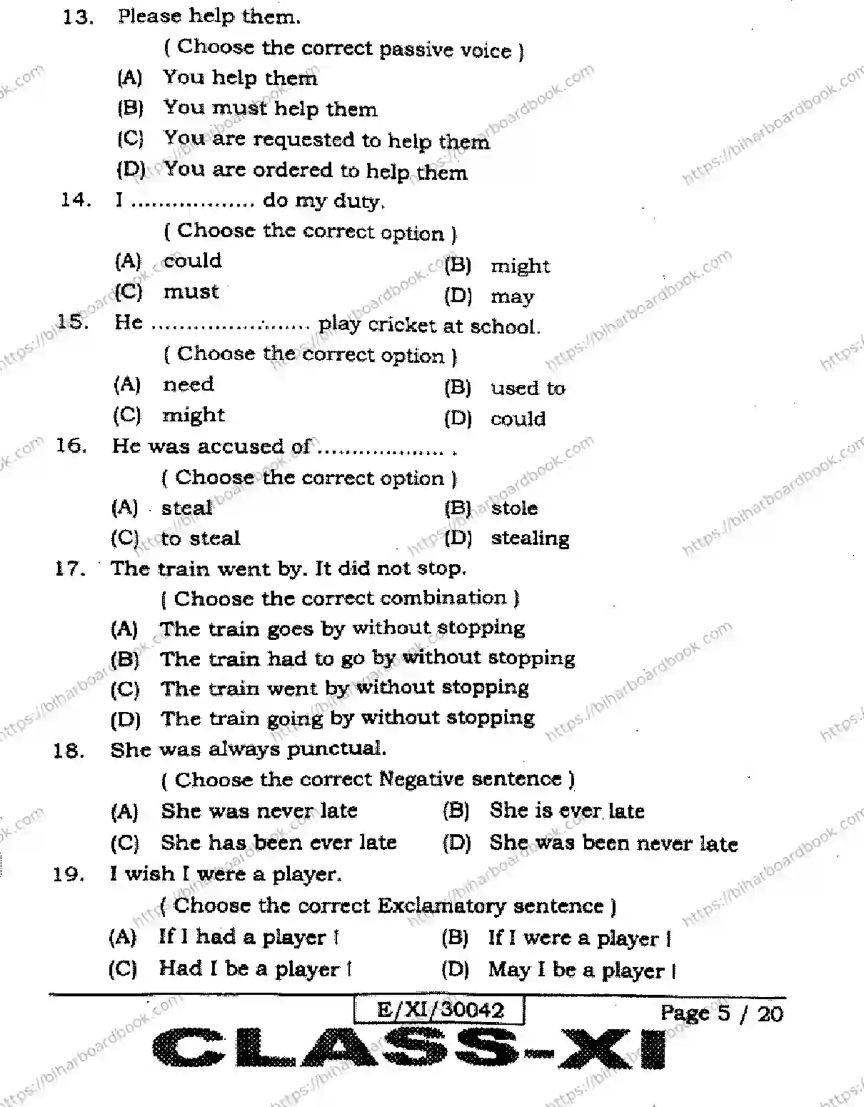 Bihar Board Class 11th 2026 ENGLISH-105-124-205-223-305-330 Previous Year Paper 5