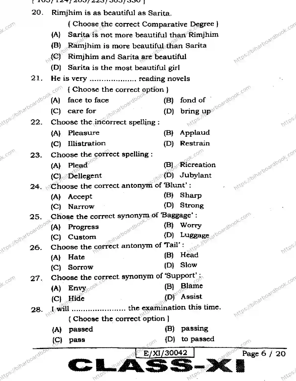 Bihar Board Class 11th 2026 ENGLISH-105-124-205-223-305-330 Previous Year Paper 6
