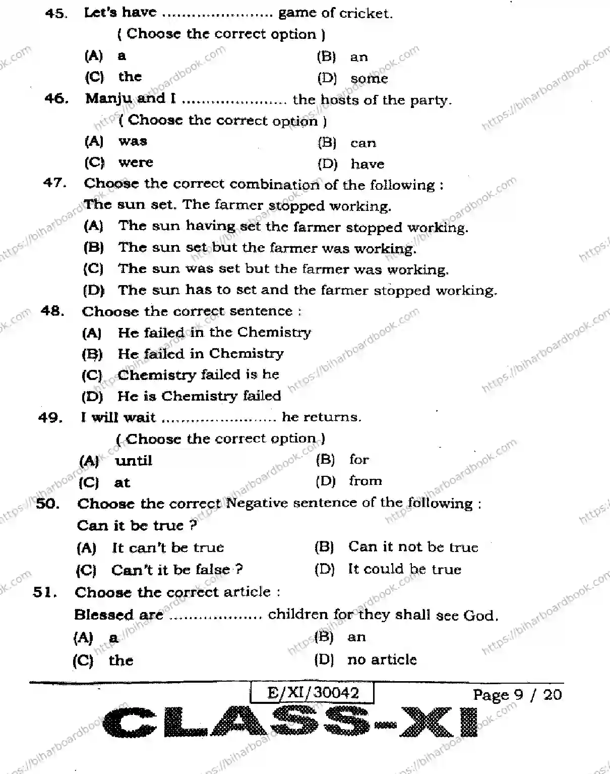 Bihar Board Class 11th 2026 ENGLISH-105-124-205-223-305-330 Previous Year Paper 9