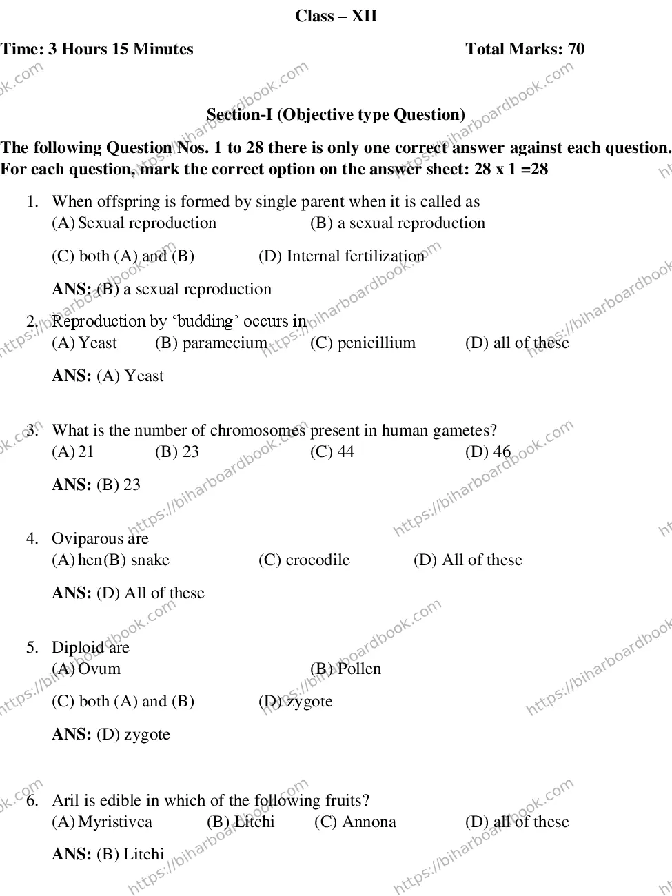 Bihar Board Class 12th 2015 Biology  2015 Previous Year Paper 1