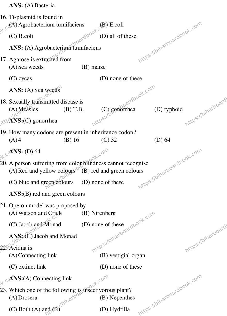 Bihar Board Class 12th 2016 Biology  2016 Previous Year Paper 3