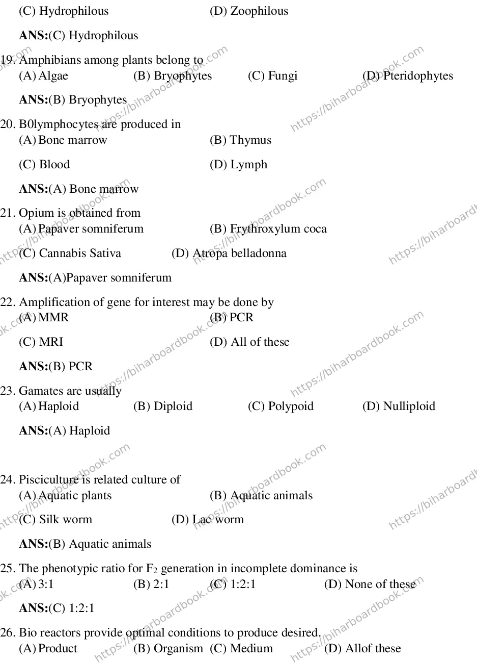 Bihar Board Class 12th 2019 Biology  2019 Previous Year Paper 4