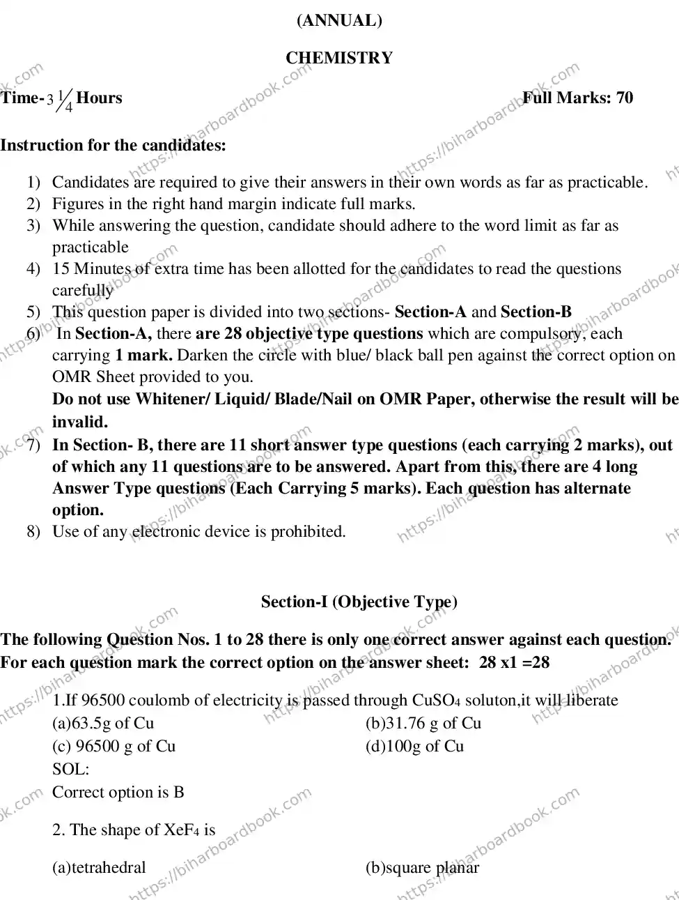 Bihar Board Class 12th 2015 Chemistry  2015 Previous Year Paper 1