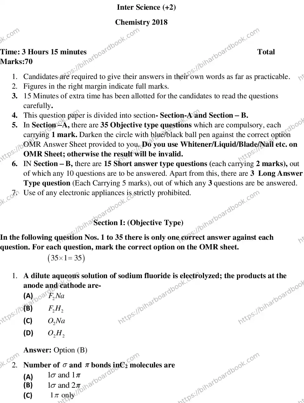 Bihar Board Class 12th 2018 Chemistry  2018 Previous Year Paper 1