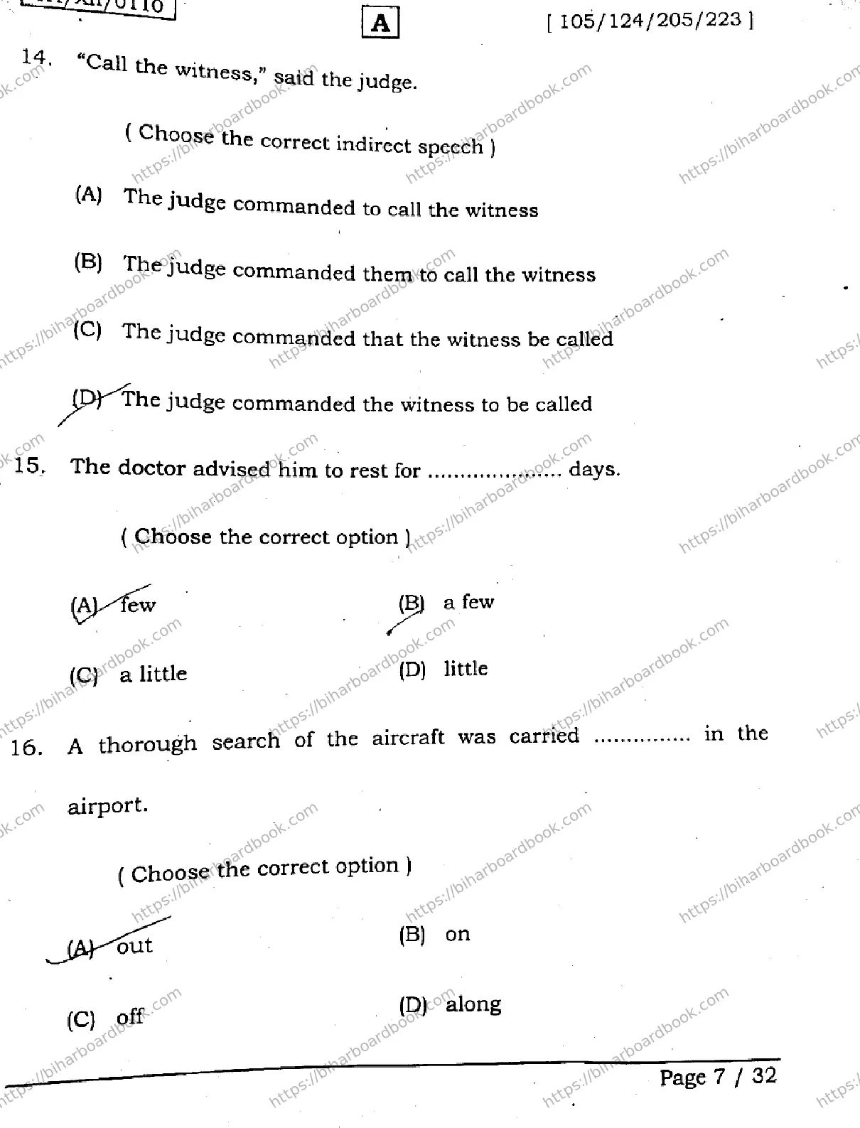 Bihar Board Class 12th 2026 ENGLISH-105-124-205-223-SET-A Previous Year Paper 6