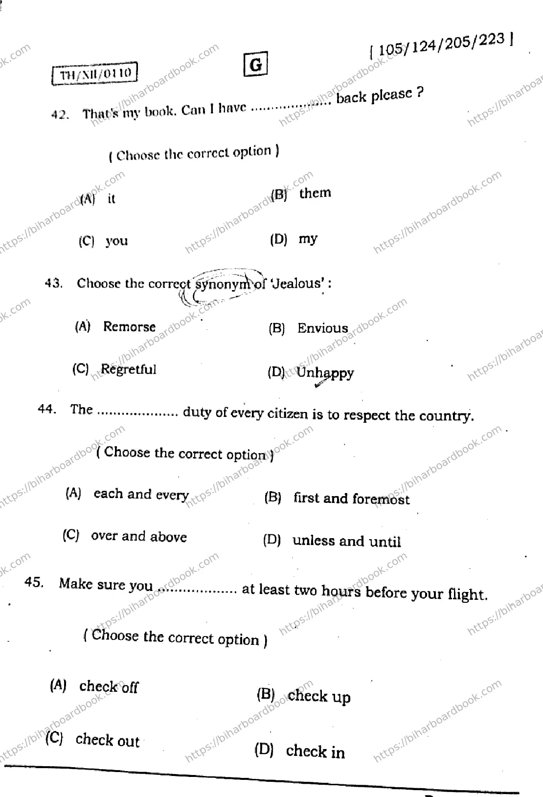 Bihar Board Class 12th 2026 ENGLISH-105-124-205-223-SET-G Previous Year Paper 13