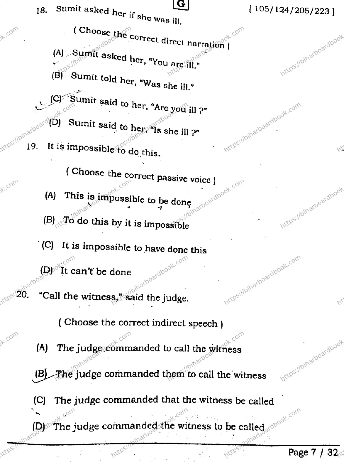 Bihar Board Class 12th 2026 ENGLISH-105-124-205-223-SET-G Previous Year Paper 6