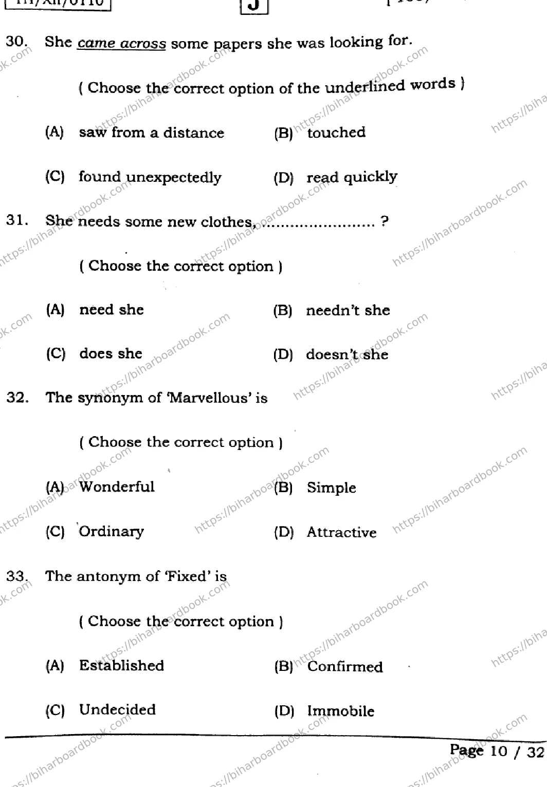 Bihar Board Class 12th 2026 ENGLISH-105-124-205-223-SET-J Previous Year Paper 10