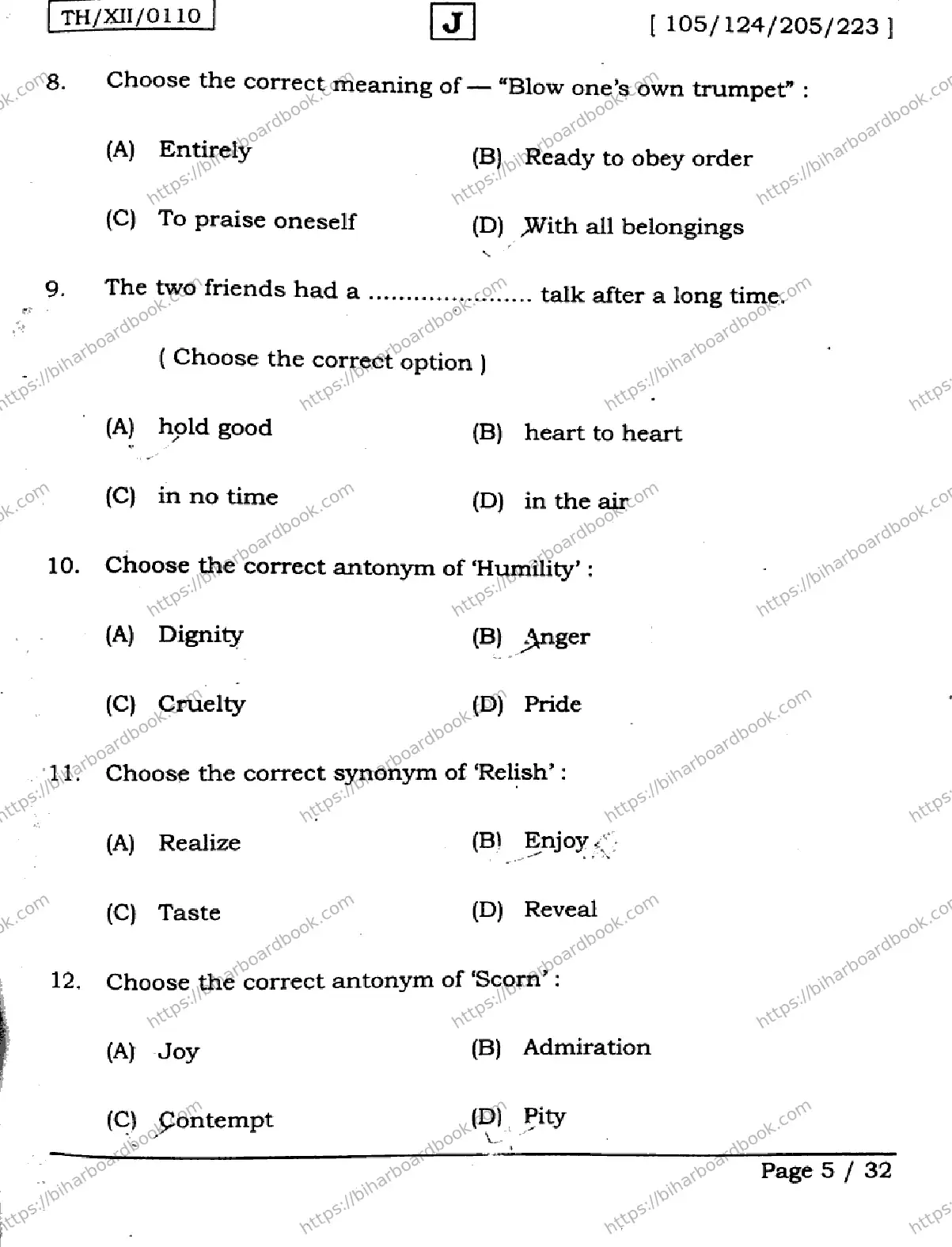 Bihar Board Class 12th 2026 ENGLISH-105-124-205-223-SET-J Previous Year Paper 5