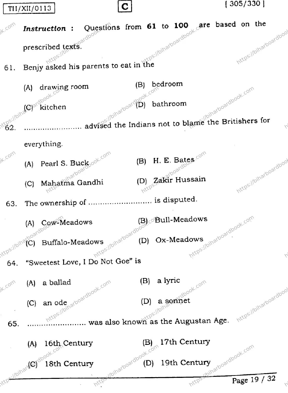 Bihar Board Class 12th 2026 ENGLISH-305-330-SET-C Previous Year Paper 19