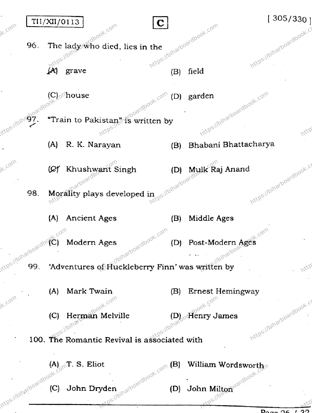 Bihar Board Class 12th 2026 ENGLISH-305-330-SET-C Previous Year Paper 26