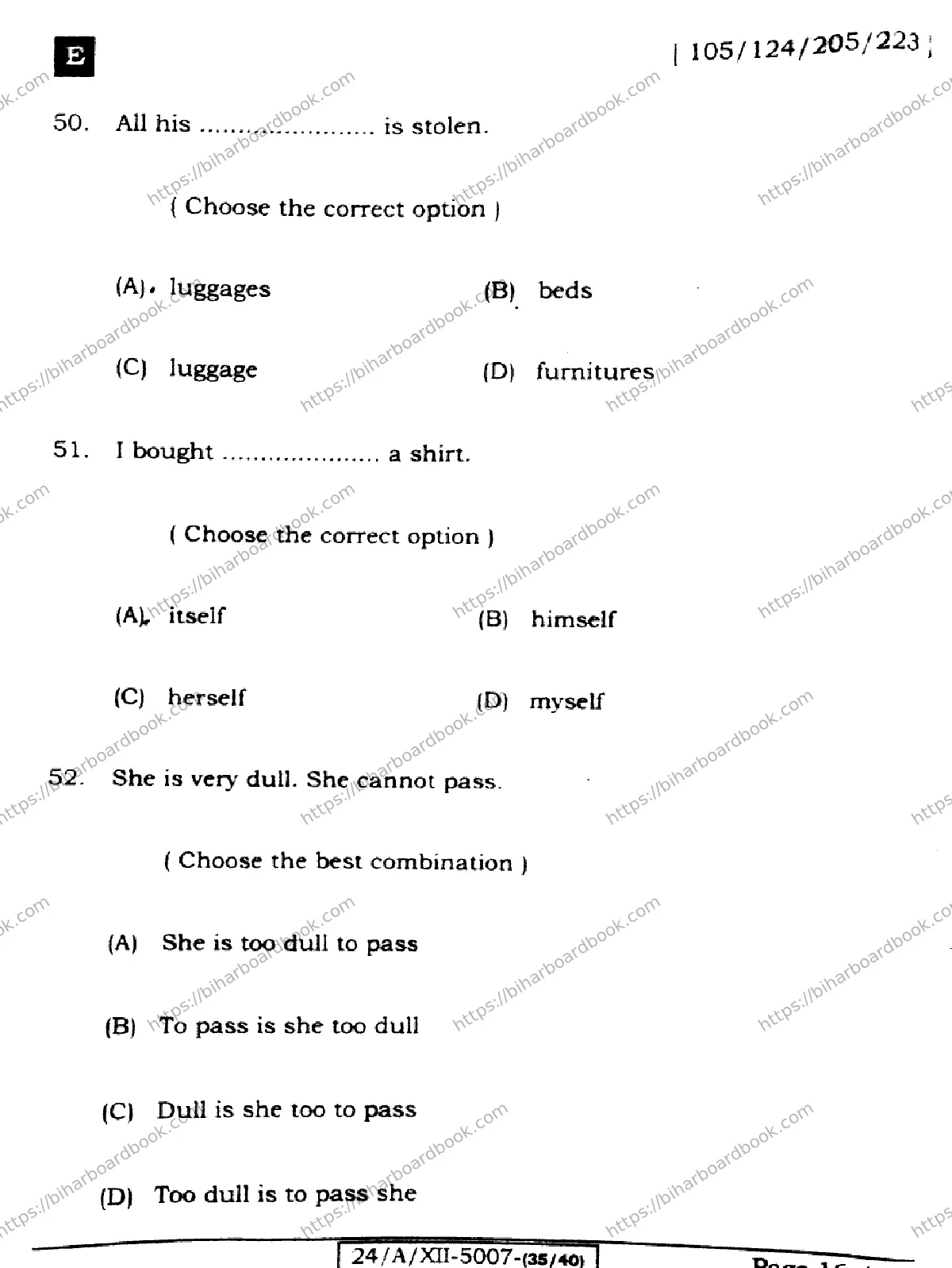 Bihar Board Class 12th 2024 English  105  (SetE) Previous Year Paper 16
