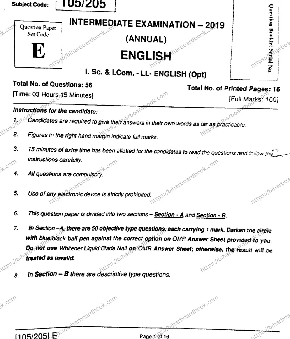 Bihar Board Class 12th 2019 English  105205E  2019 Previous Year Paper 1