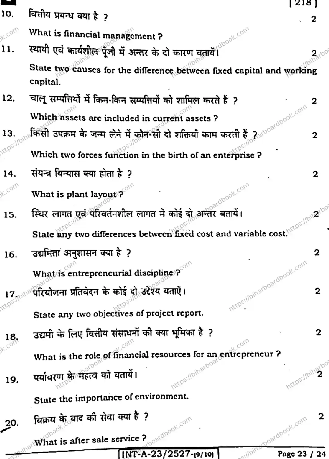 Bihar Board Class 12th 2023 Entrepreneurship Previous Year Paper 23