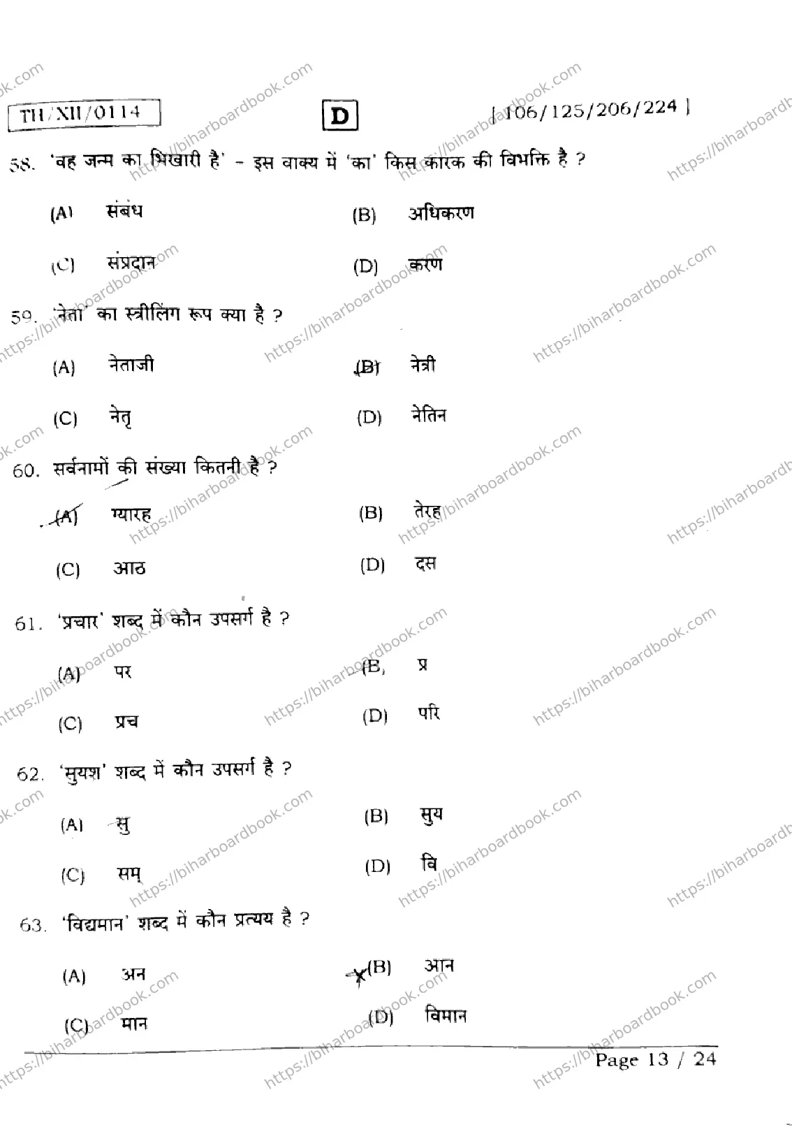 Bihar Board Class 12th 2026 HINDI-106-125-206-224-SET-D Previous Year Paper 13