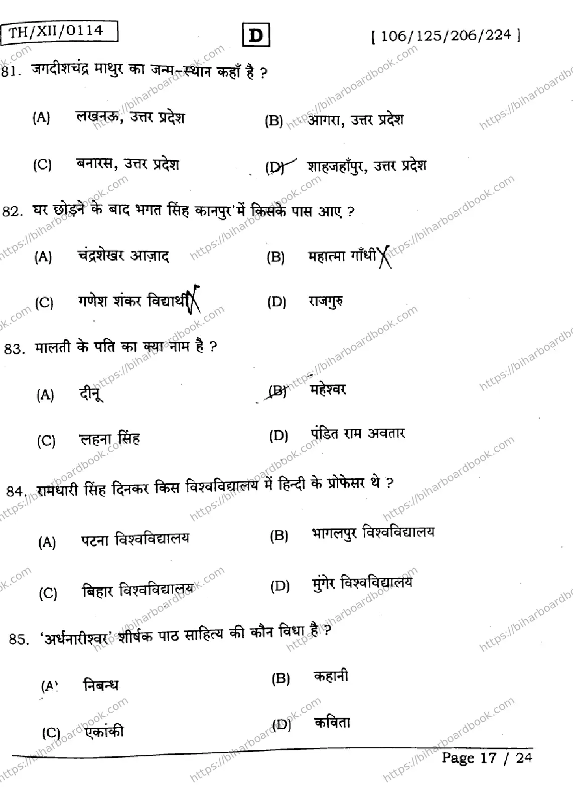 Bihar Board Class 12th 2026 HINDI-106-125-206-224-SET-D Previous Year Paper 17