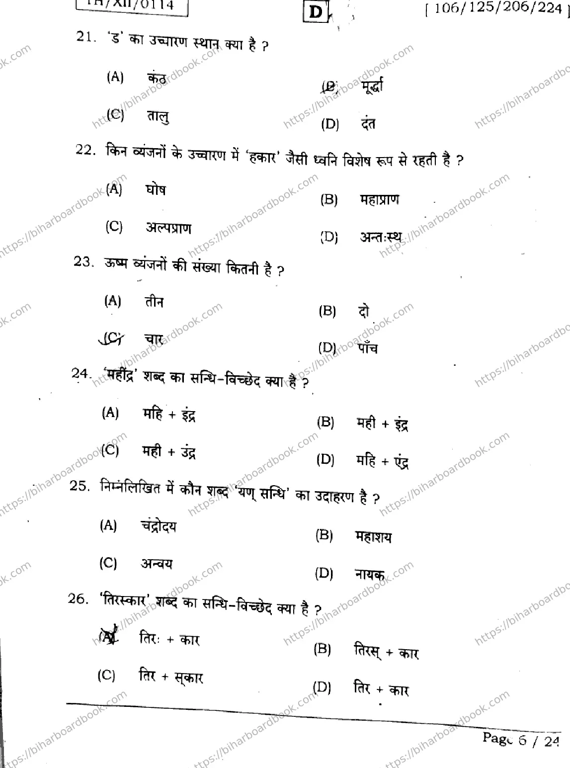 Bihar Board Class 12th 2026 HINDI-106-125-206-224-SET-D Previous Year Paper 6
