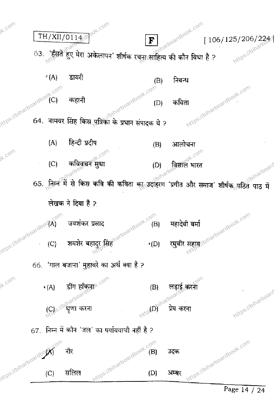 Bihar Board Class 12th 2026 HINDI-106-125-206-224-SET-F Previous Year Paper 14
