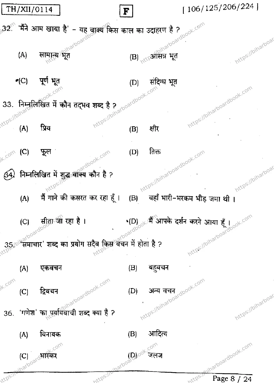 Bihar Board Class 12th 2026 HINDI-106-125-206-224-SET-F Previous Year Paper 8