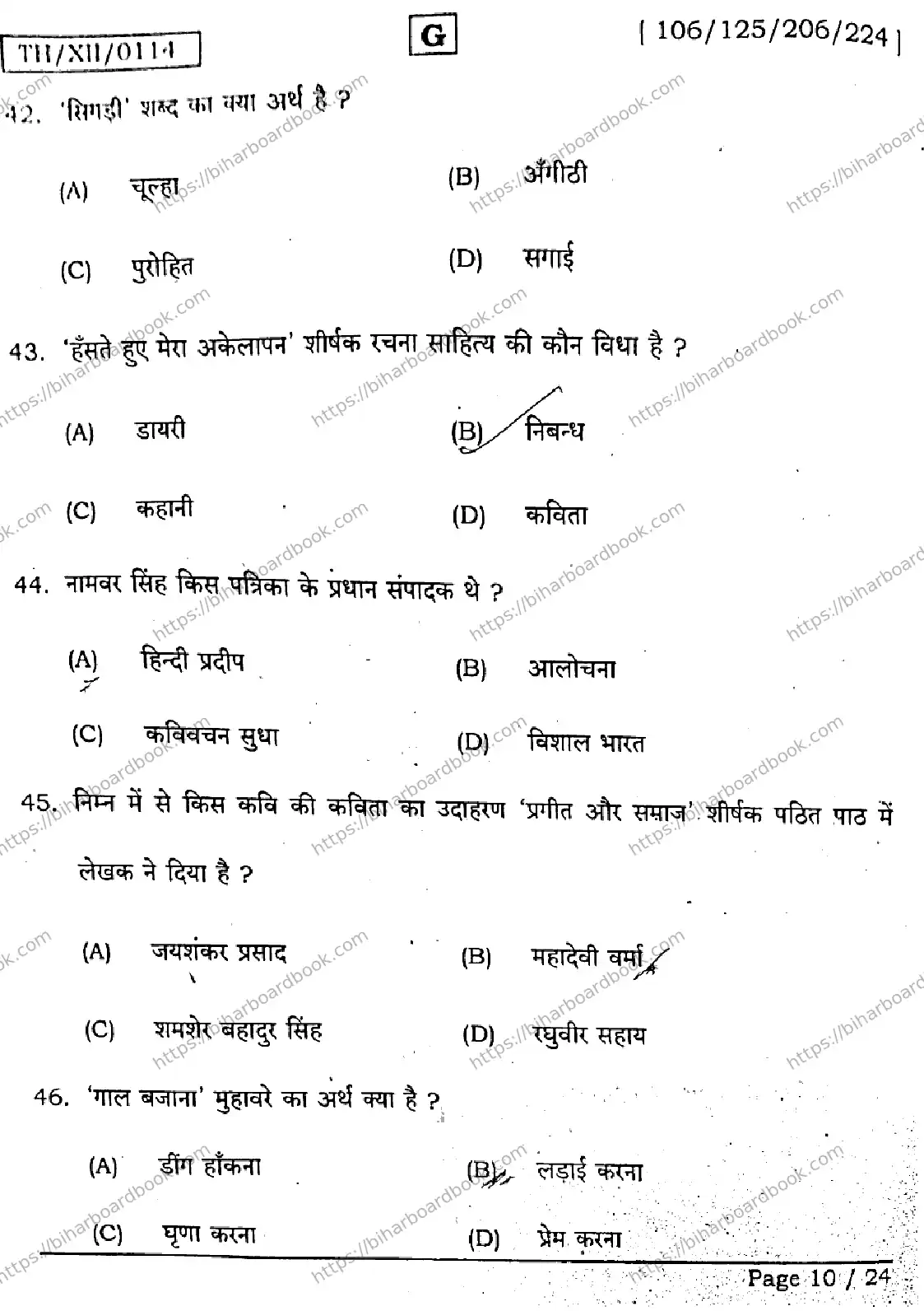Bihar Board Class 12th 2026 HINDI-106-125-206-224-SET-G Previous Year Paper 10