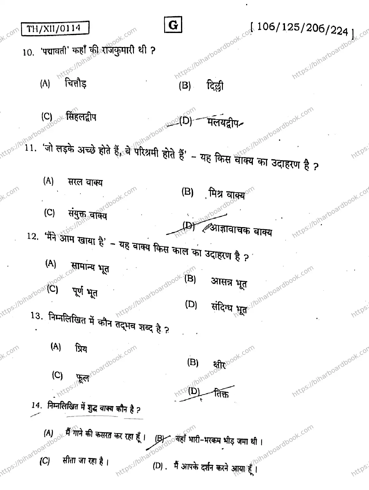Bihar Board Class 12th 2026 HINDI-106-125-206-224-SET-G Previous Year Paper 4