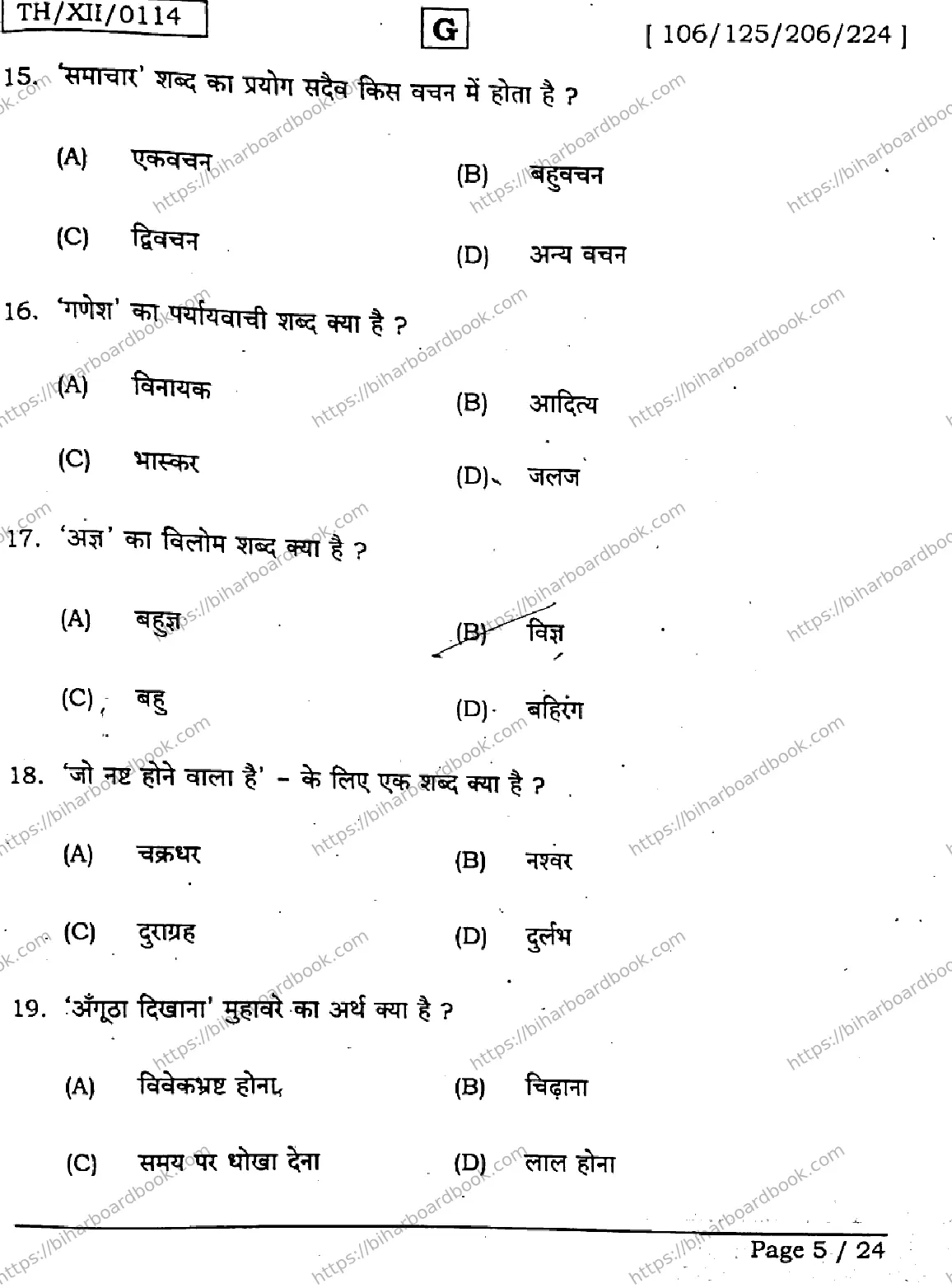 Bihar Board Class 12th 2026 HINDI-106-125-206-224-SET-G Previous Year Paper 5