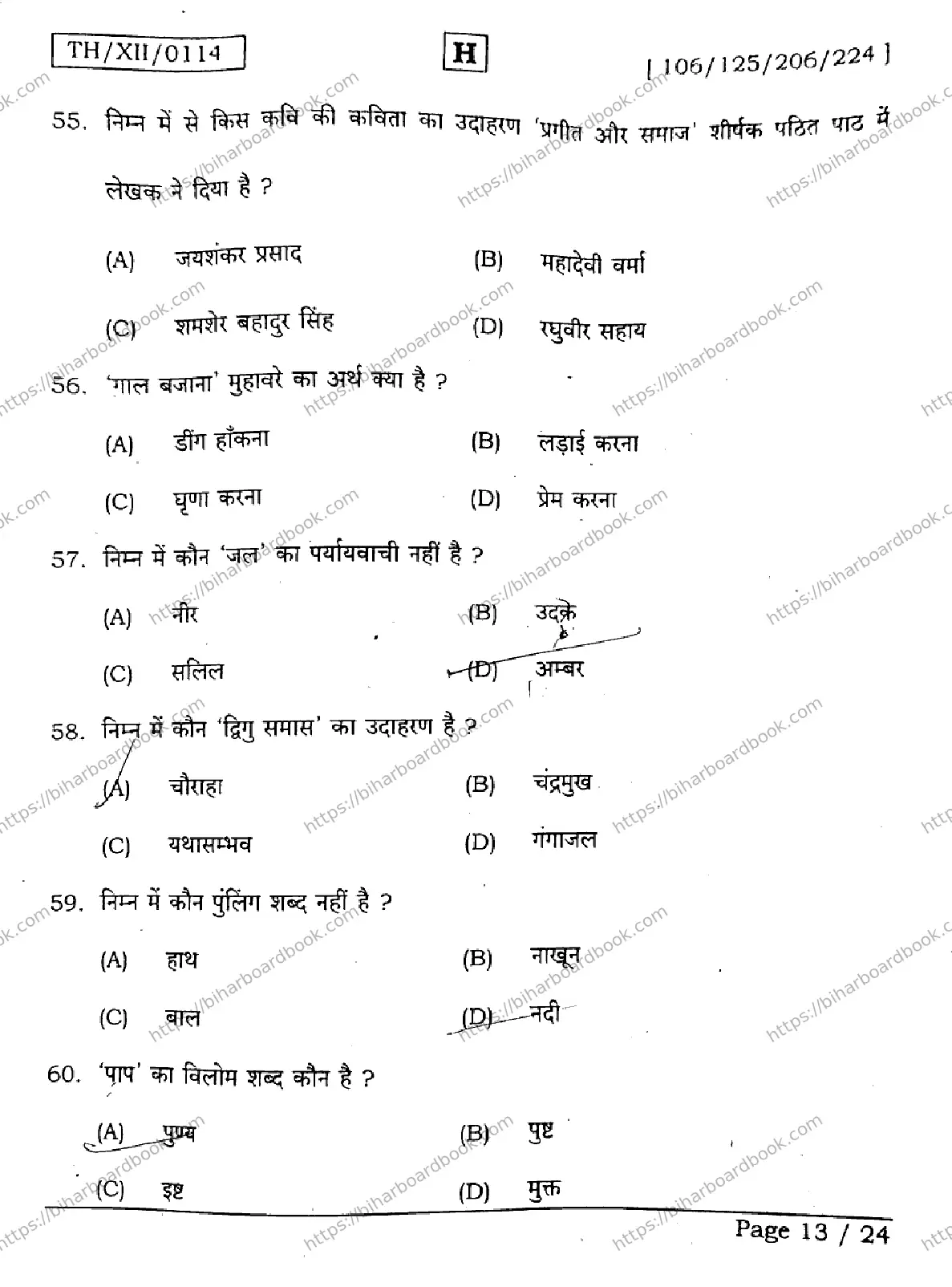 Bihar Board Class 12th 2026 HINDI-106-125-206-224-SET-H Previous Year Paper 13