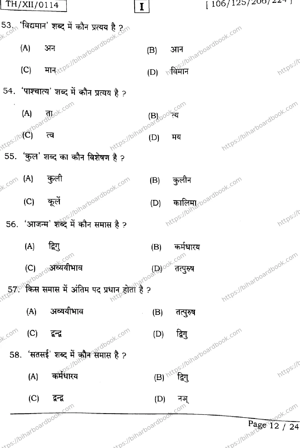 Bihar Board Class 12th 2026 HINDI-106-125-206-224-SETI Previous Year Paper 12