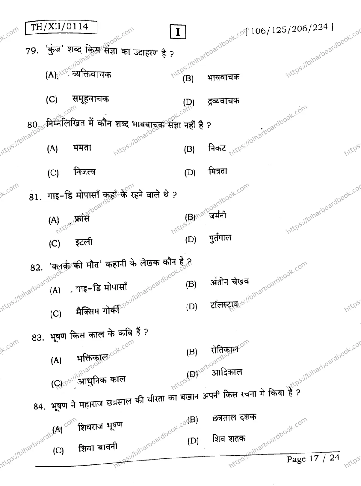 Bihar Board Class 12th 2026 HINDI-106-125-206-224-SETI Previous Year Paper 17