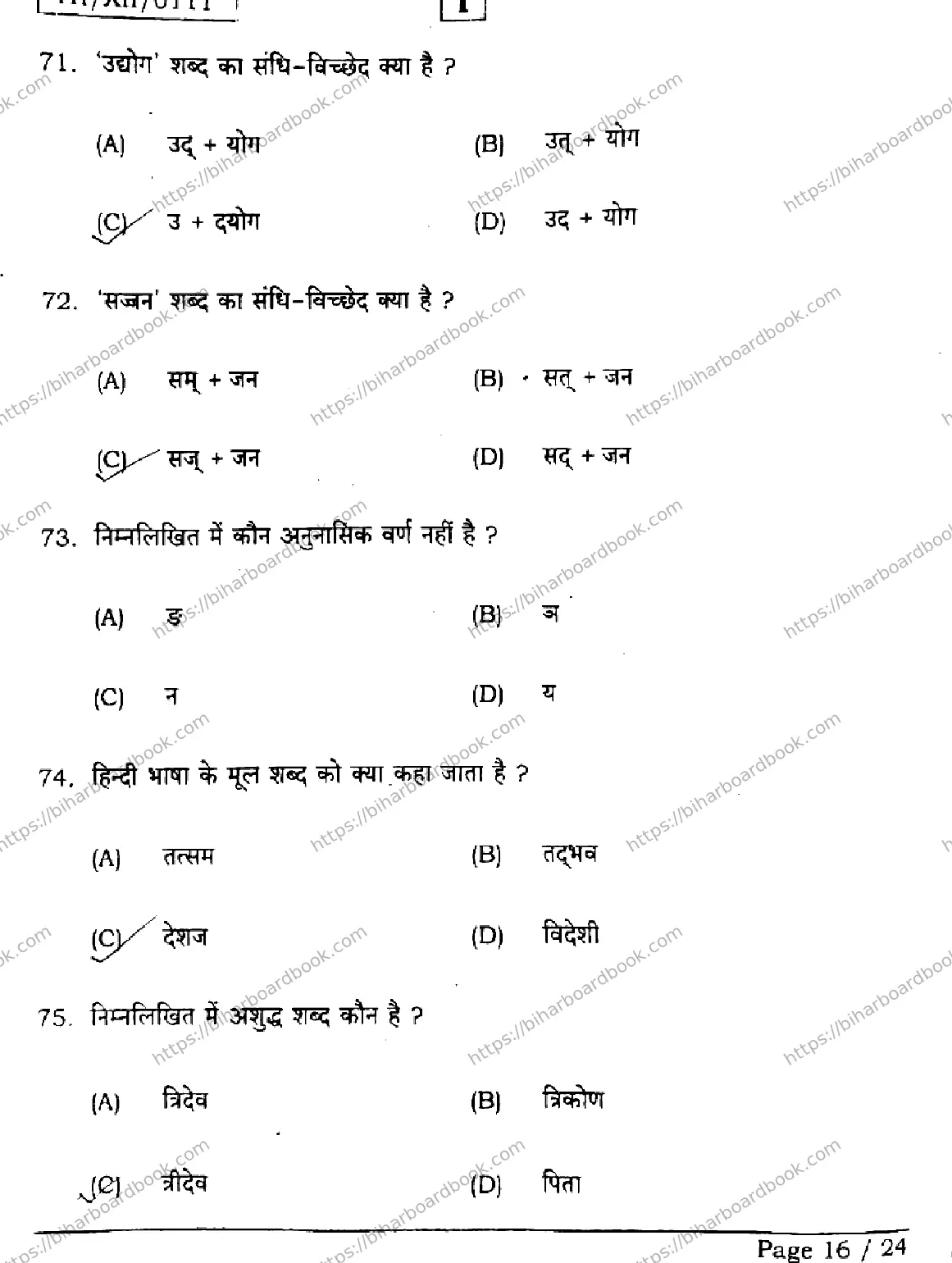 Bihar Board Class 12th 2026 HINDI-306-331-SETI Previous Year Paper 16