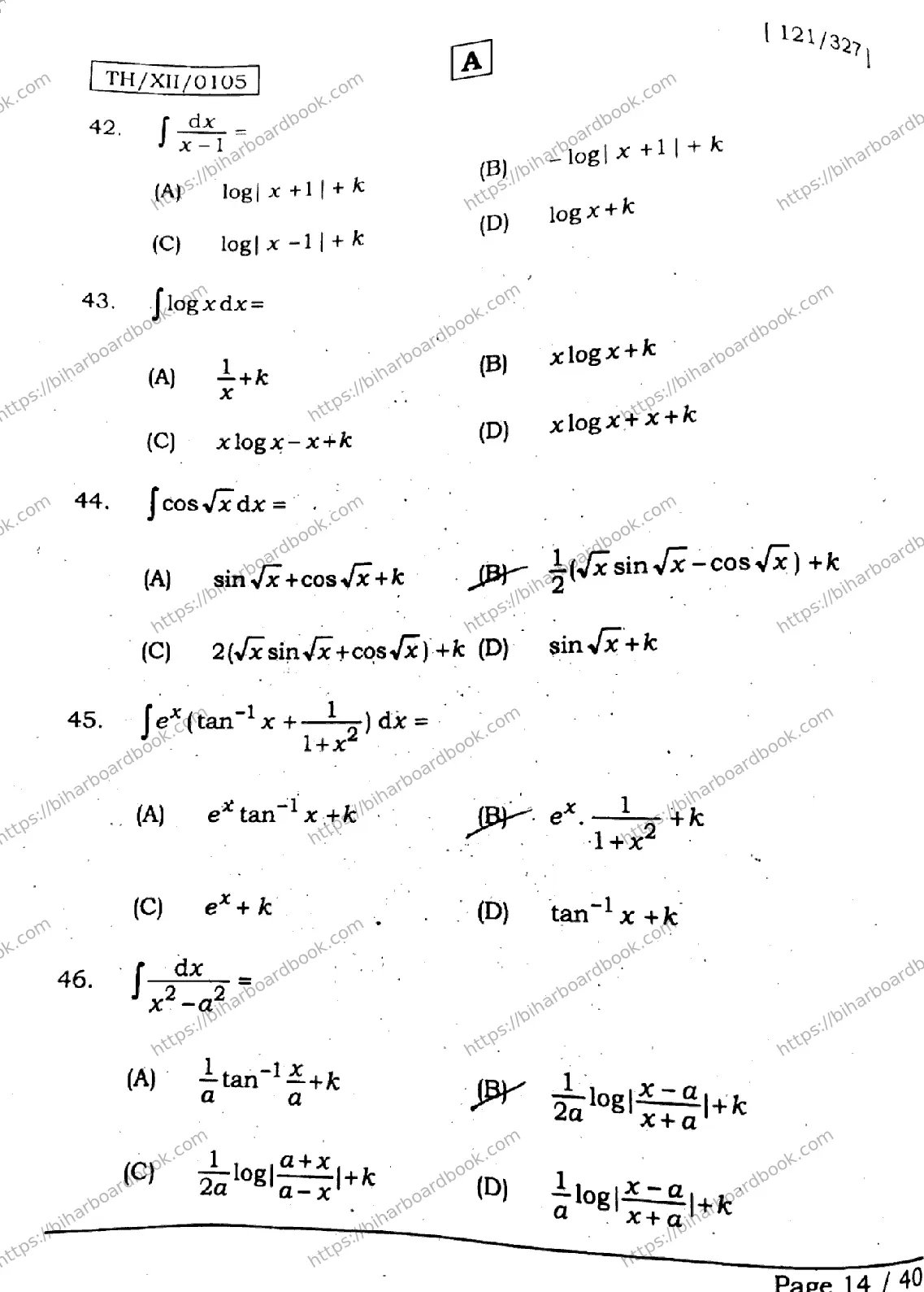 Bihar Board Class 12th 2026 MATHEMATICS-121-327-SET-A Previous Year Paper 14