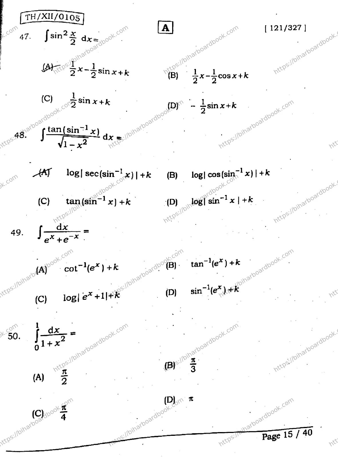 Bihar Board Class 12th 2026 MATHEMATICS-121-327-SET-A Previous Year Paper 15