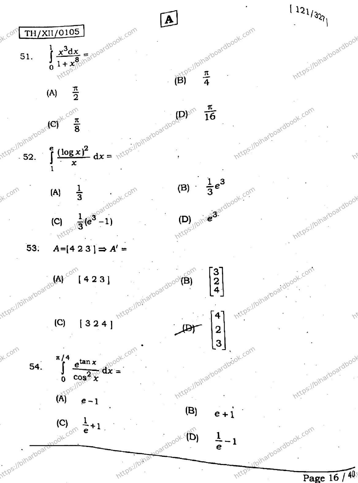 Bihar Board Class 12th 2026 MATHEMATICS-121-327-SET-A Previous Year Paper 16