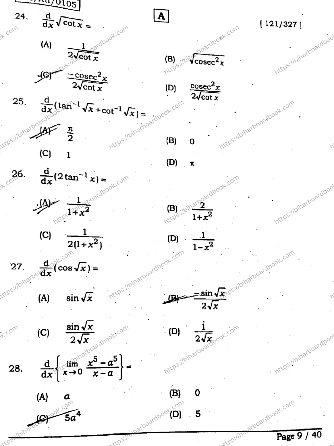 Bihar Board Class 12th 2026 MATHEMATICS-121-327-SET-A Previous Year Paper 9