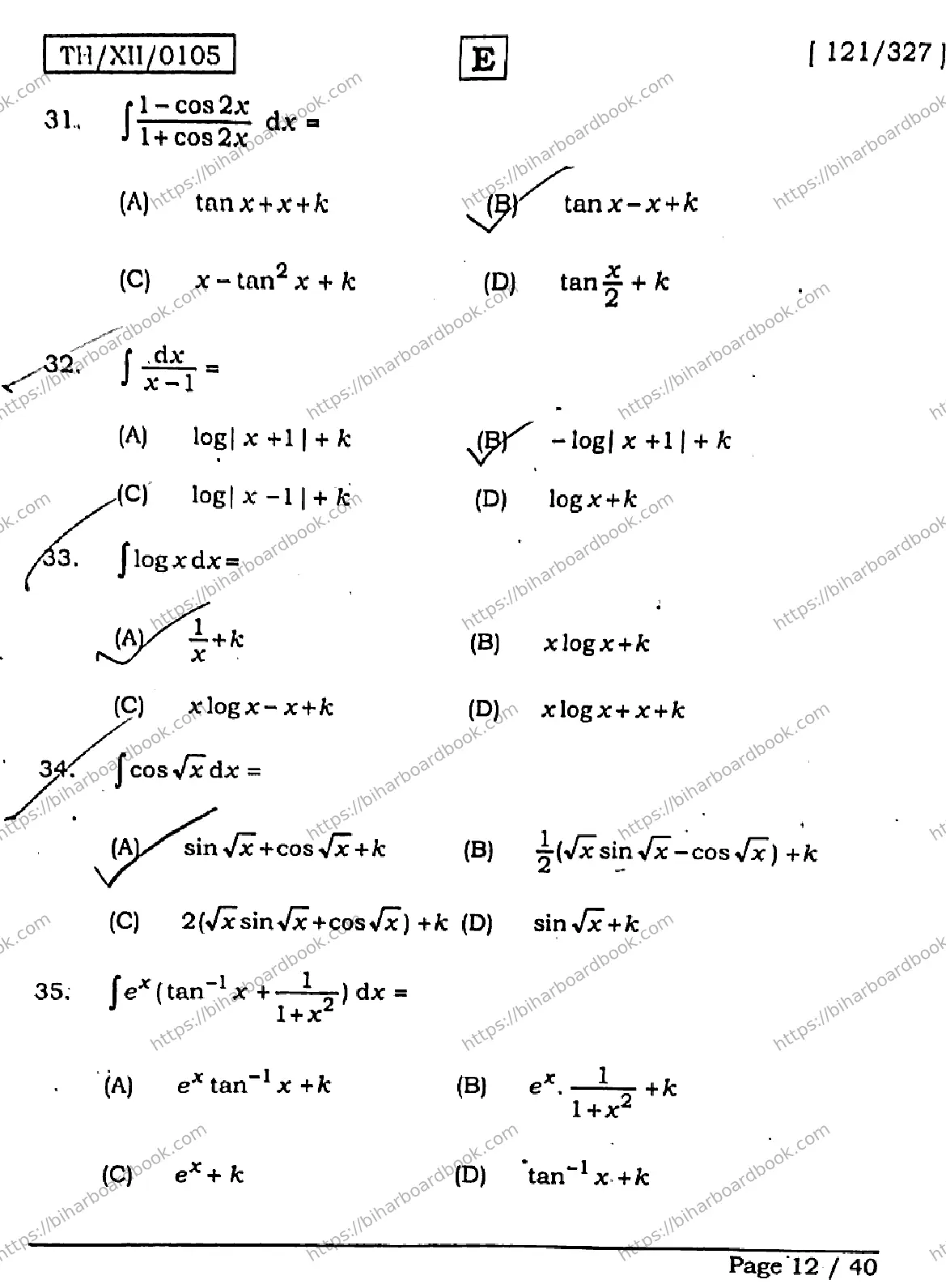 Bihar Board Class 12th 2026 MATHEMATICS-121-327-SET-E Previous Year Paper 12