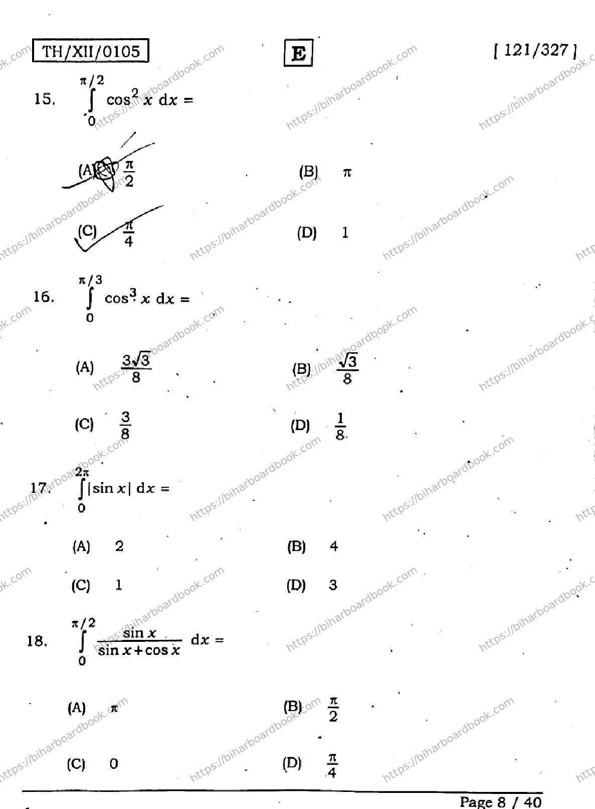 Bihar Board Class 12th 2026 MATHEMATICS-121-327-SET-E Previous Year Paper 8