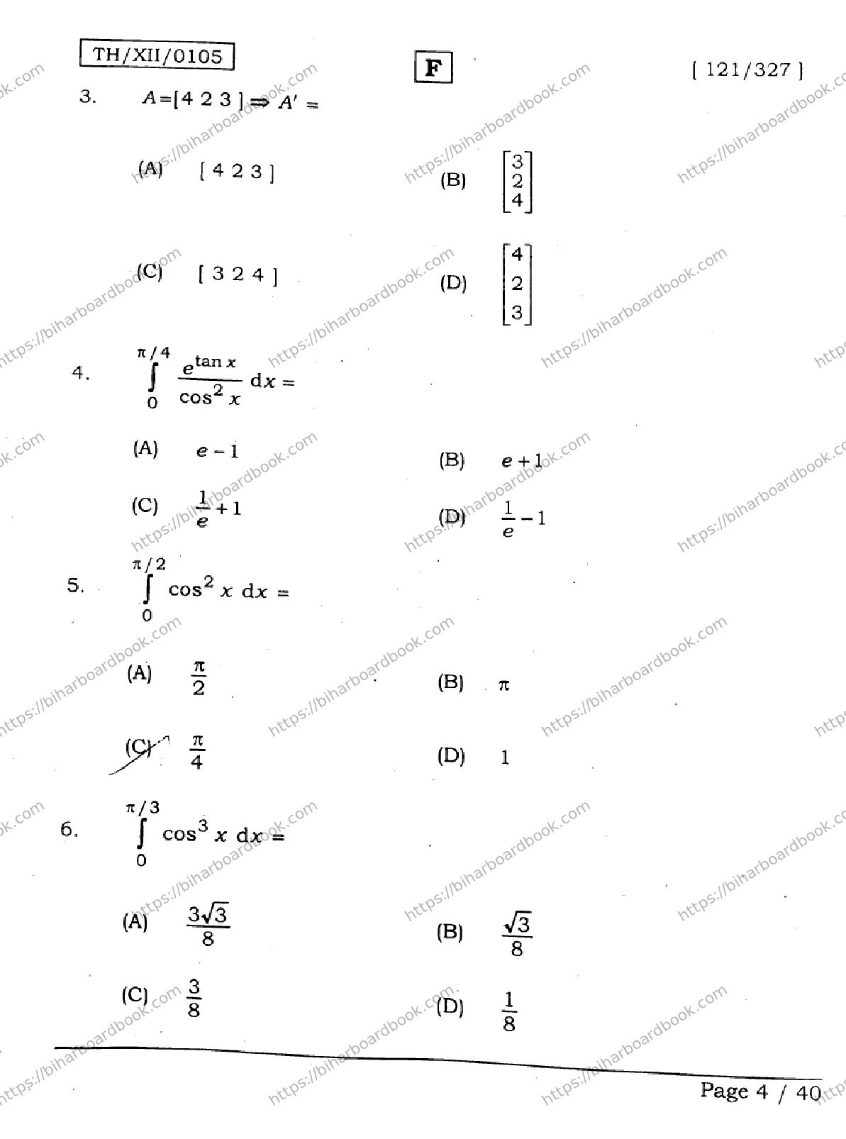 Bihar Board Class 12th 2026 MATHEMATICS-121-327-SET-F Previous Year Paper 4