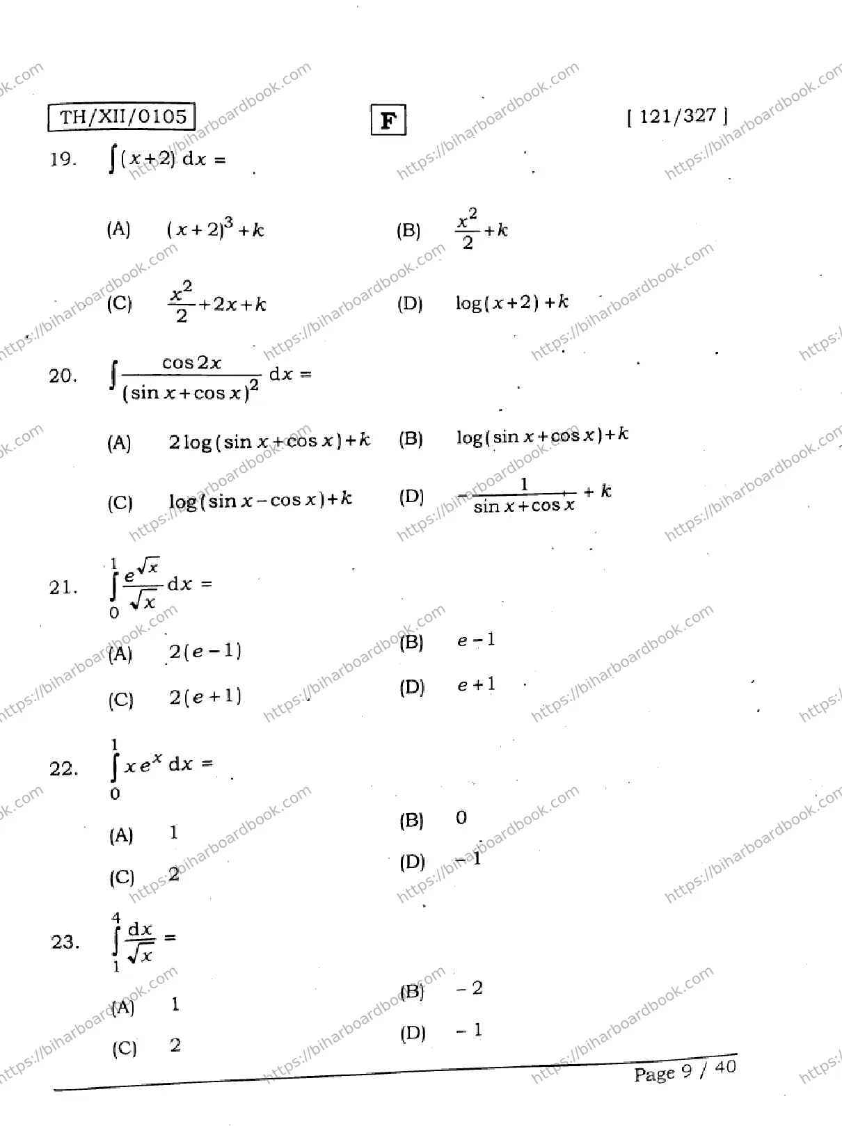 Bihar Board Class 12th 2026 MATHEMATICS-121-327-SET-F Previous Year Paper 9