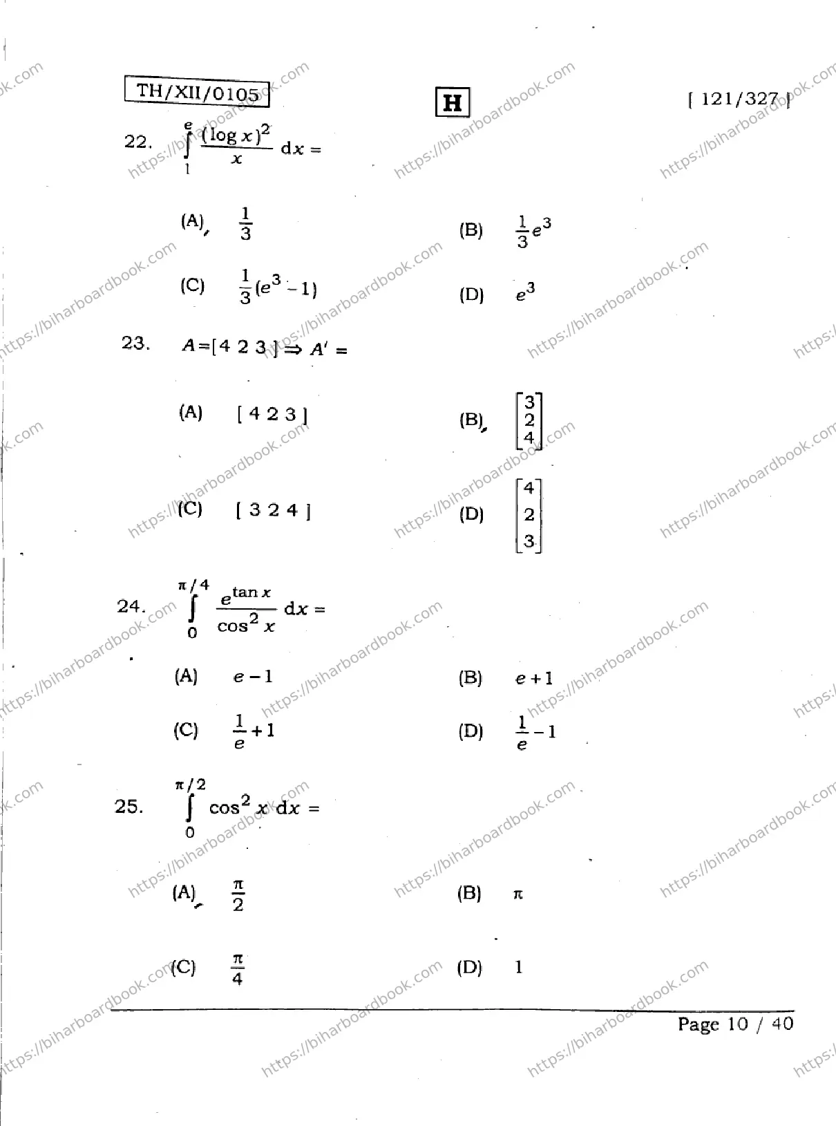 Bihar Board Class 12th 2026 MATHEMATICS-121-327-SET-H Previous Year Paper 10