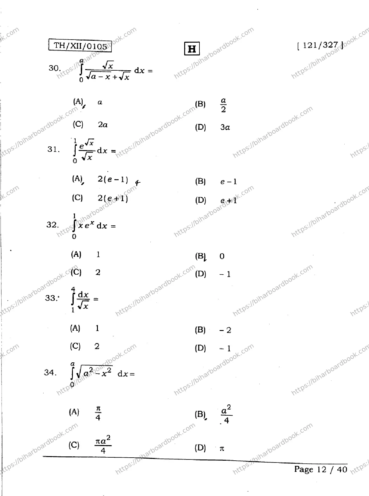 Bihar Board Class 12th 2026 MATHEMATICS-121-327-SET-H Previous Year Paper 12
