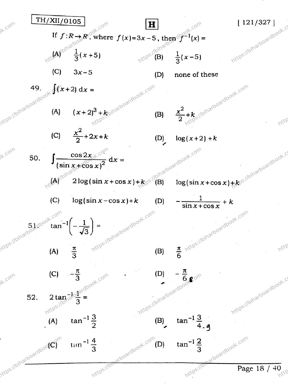 Bihar Board Class 12th 2026 MATHEMATICS-121-327-SET-H Previous Year Paper 18